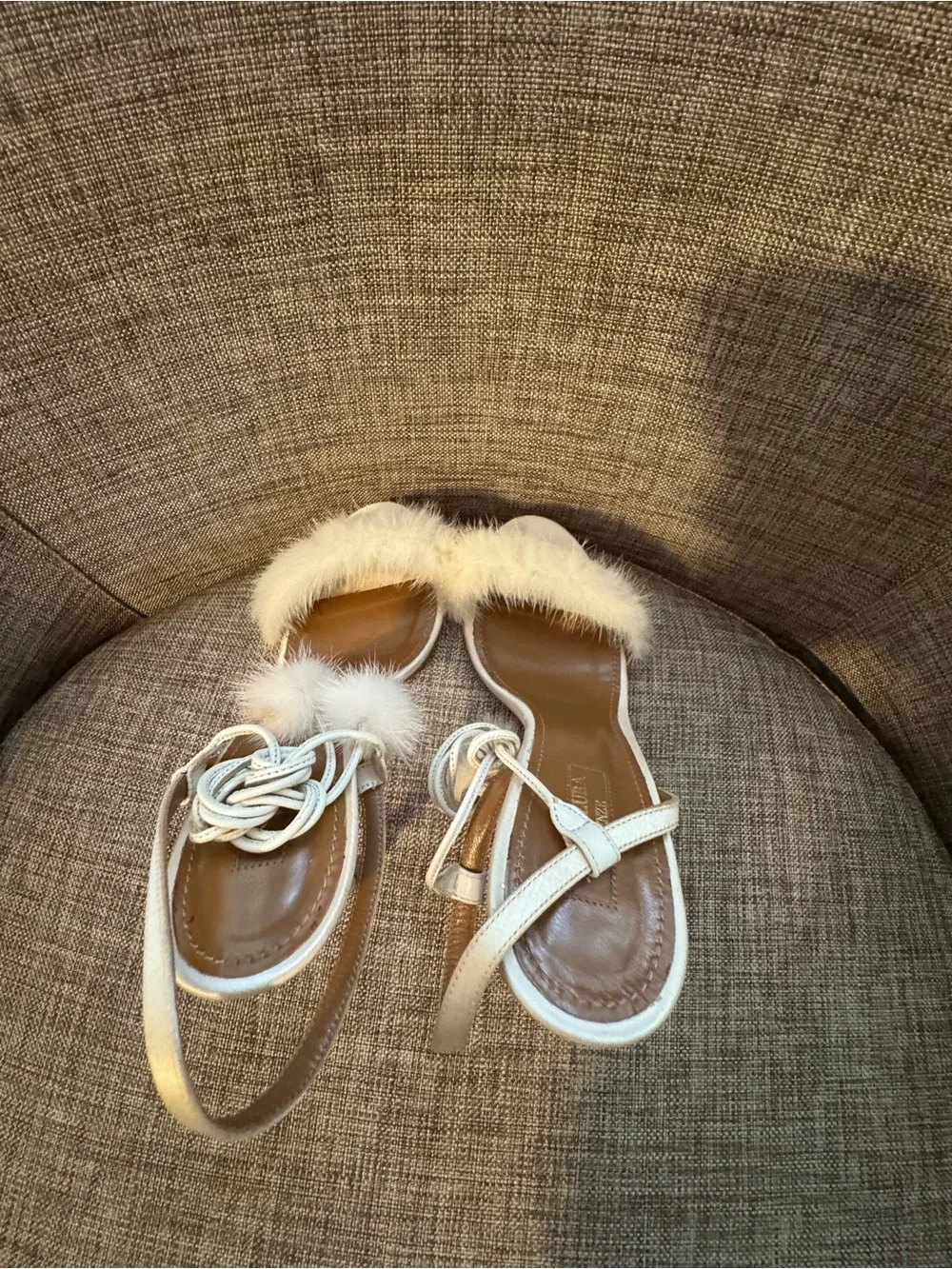 Aquazzura White real Mink Pom-Pom Strappy Stiletto Sandals - Picture 6 of 7
